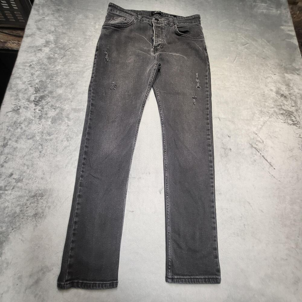OLDLAW Jeans Mens 32 Black Skinny Slim Distressed Charcoal Wash Stretch
